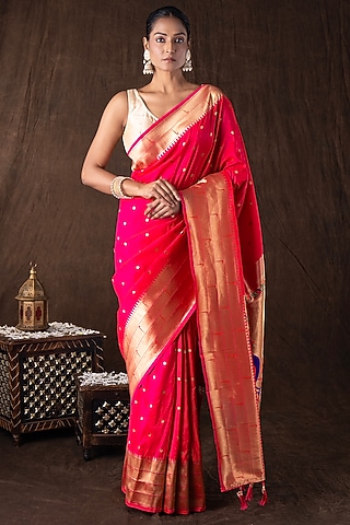 Pink Tissue Silk Zari Weave Banarasi Handloom Saree Set by Zal From Benaras