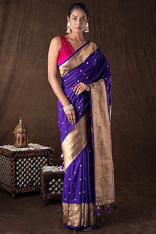 Purple Pure Silk Zari Embroidered Banarasi Handloom Saree Set by Zal From Benaras