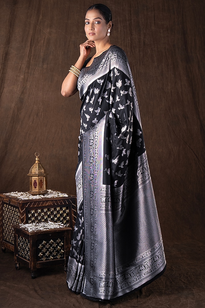 Black Pure Silk banarasi Handloom Party Wear Saree Set by Zal From Benaras at Pernia's Pop Up Shop