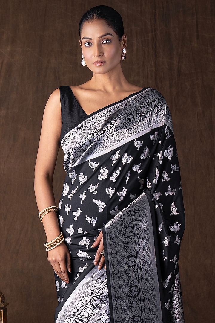 Black Pure Silk banarasi Handloom Party Wear Saree Set by Zal From Benaras at Pernia's Pop Up Shop