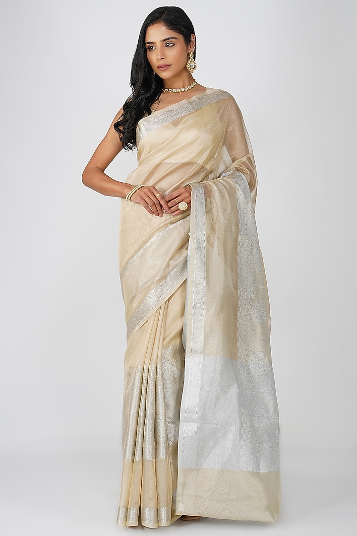 Beige Tissue Zari Silk Zari Embroidered Banarasi Handloom Party Wear Saree Set by Zal From Benaras at Pernia's Pop Up Shop