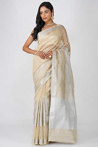 Beige Tissue Zari Silk Zari Embroidered Banarasi Handloom Saree Set by Zal From Benaras