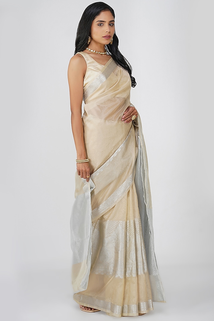 Beige Tissue Zari Silk Zari Embroidered Banarasi Handloom Party Wear Saree Set by Zal From Benaras at Pernia's Pop Up Shop