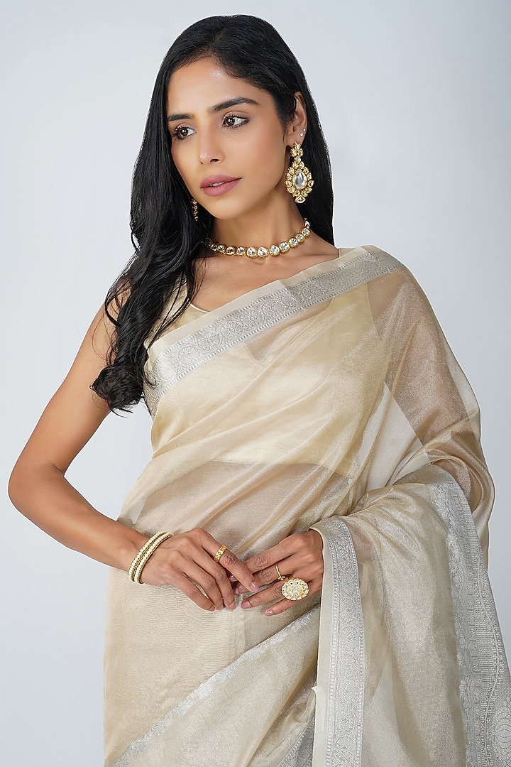 Beige Tissue Zari Silk Zari Embroidered Banarasi Handloom Party Wear Saree Set by Zal From Benaras at Pernia's Pop Up Shop