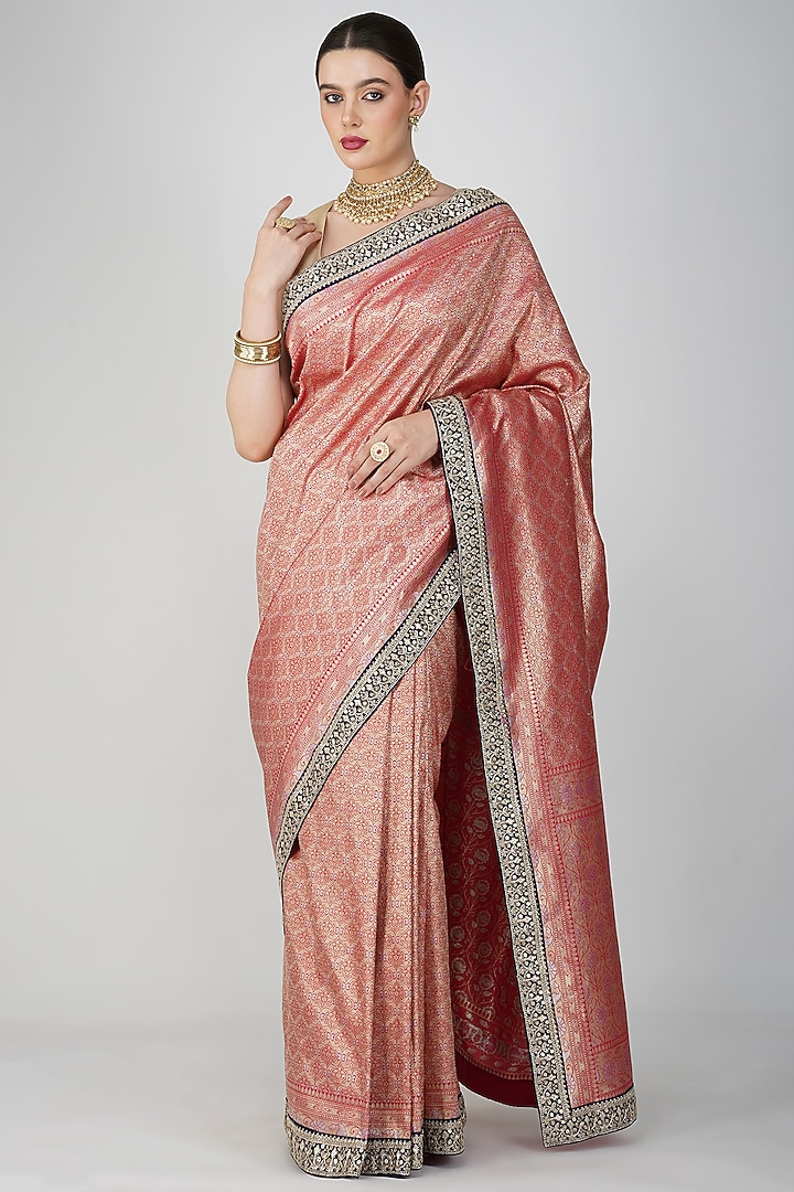 Red Pure Katan Silk Hand Embroidered Banarasi Handloom Party Wear Saree Set by Zal From Benaras at Pernia's Pop Up Shop