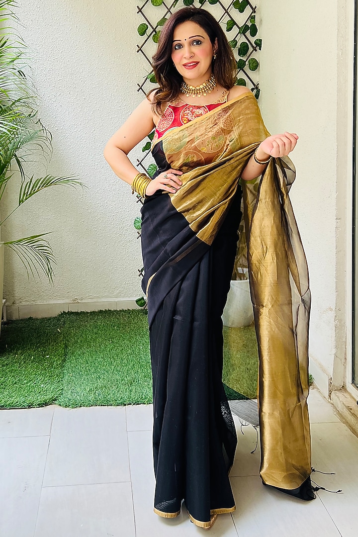 Black & Gold Chanderi Silk Handloom Party Wear Saree Set by Zal From Benaras at Pernia's Pop Up Shop