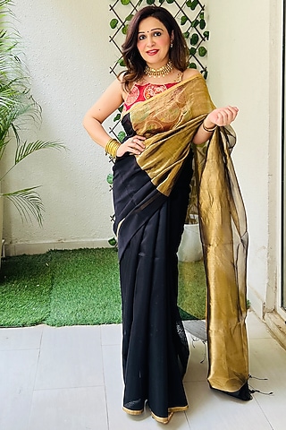 Black & Gold Chanderi Silk Handloom Saree Set by Zal From Benaras