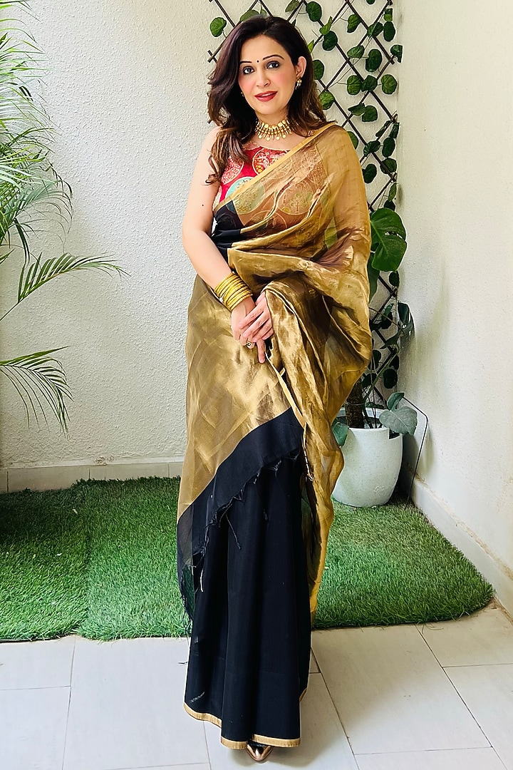 Black & Gold Chanderi Silk Handloom Party Wear Saree Set by Zal From Benaras at Pernia's Pop Up Shop