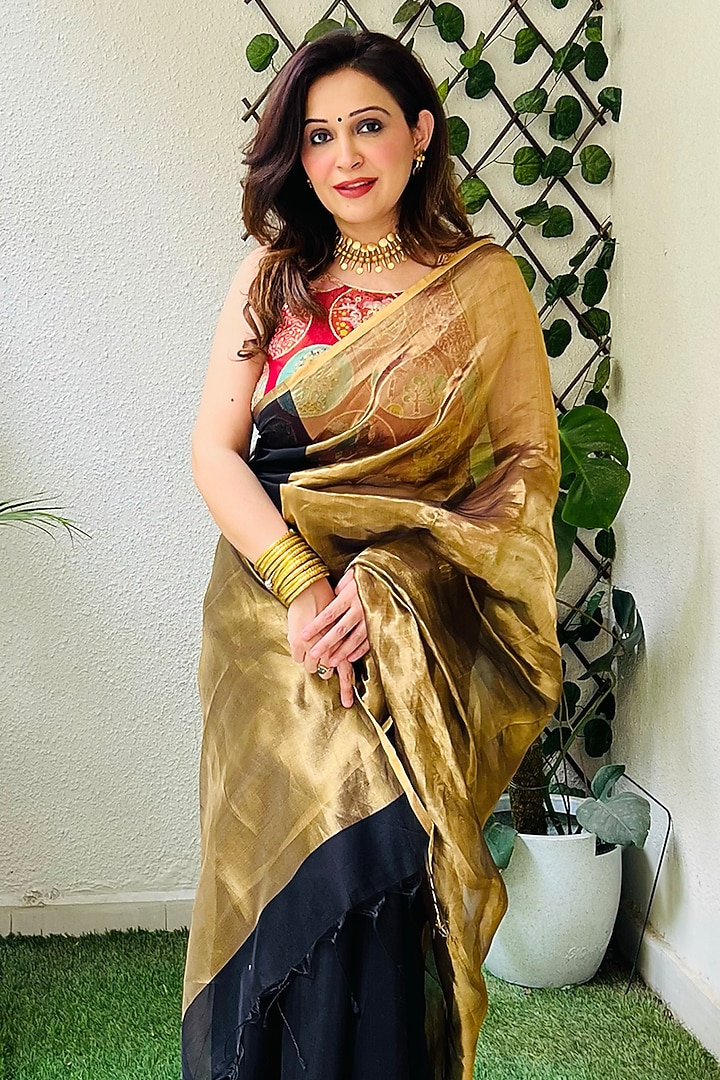 Black & Gold Chanderi Silk Handloom Party Wear Saree Set by Zal From Benaras at Pernia's Pop Up Shop