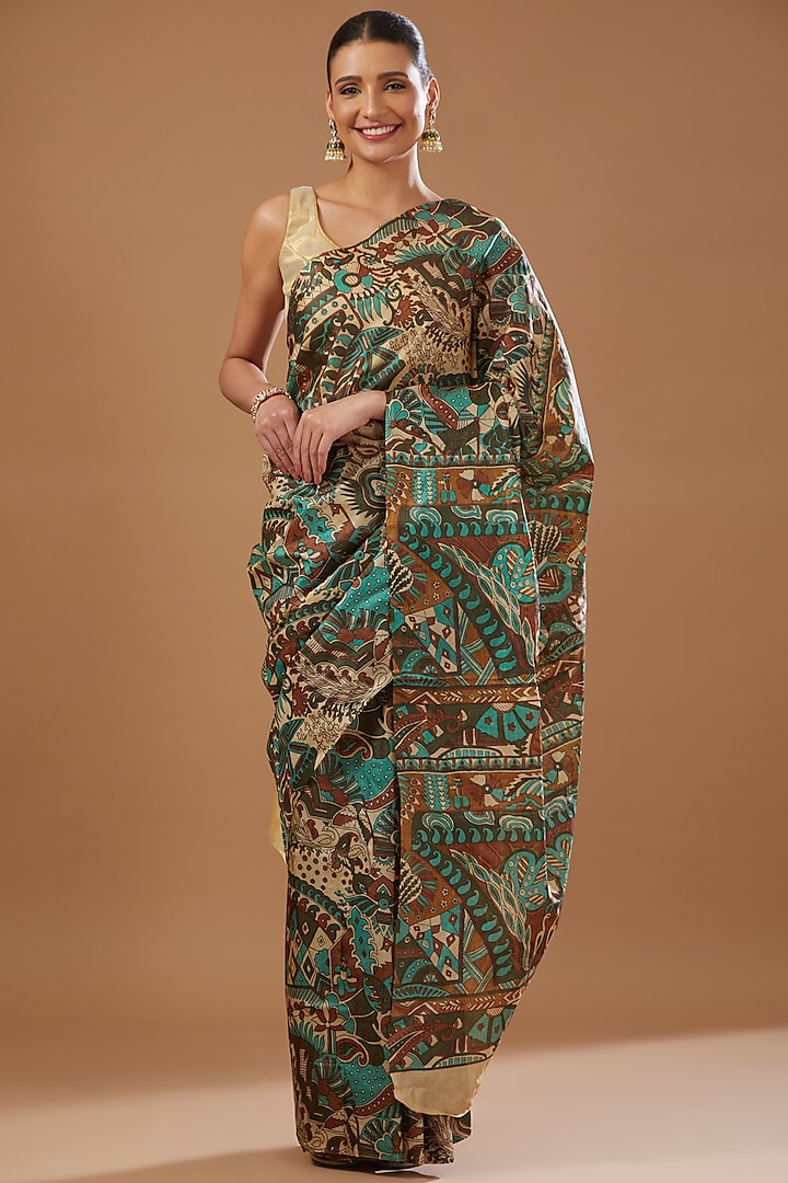 Multi-Colored Pure Silk Banarasi Handloom Digital Printed Saree Set by Zal From Benaras