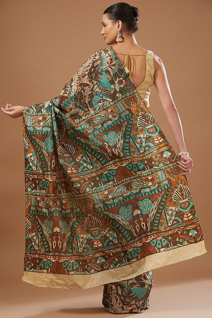Multi-Colored Pure Silk Banarasi Handloom Digital Printed Party Wear Saree Set by Zal From Benaras at Pernia's Pop Up Shop