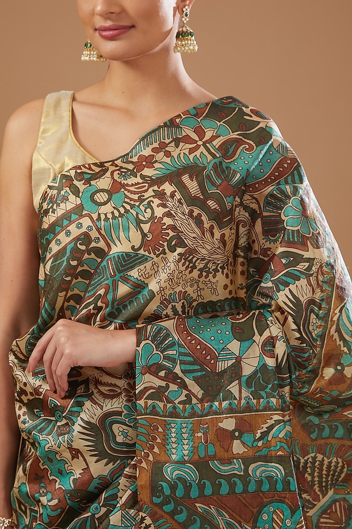 Multi-Colored Pure Silk Banarasi Handloom Digital Printed Party Wear Saree Set by Zal From Benaras at Pernia's Pop Up Shop