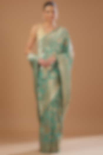 Sage Green Silk Banarasi Handloom Party Wear Saree Set by Zal From Benaras at Pernia's Pop Up Shop