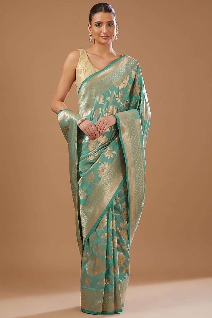 Sage Green Silk Banarasi Handloom Party Wear Saree Set by Zal From Benaras at Pernia's Pop Up Shop