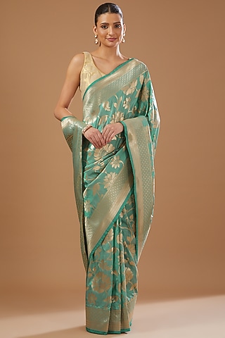 Sage Green Silk Banarasi Handloom Saree Set by Zal From Benaras