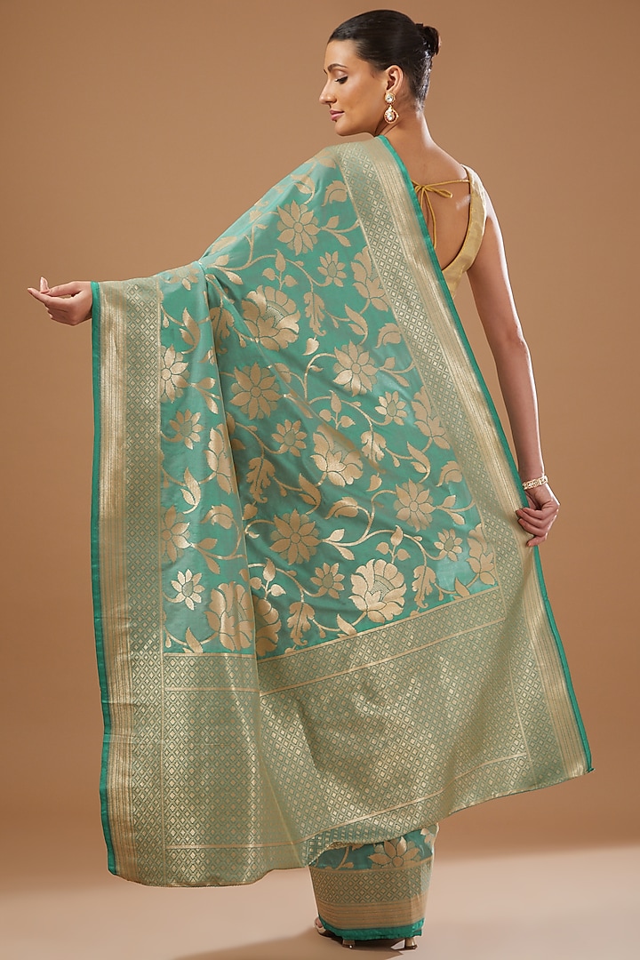 Sage Green Silk Banarasi Handloom Party Wear Saree Set by Zal From Benaras at Pernia's Pop Up Shop