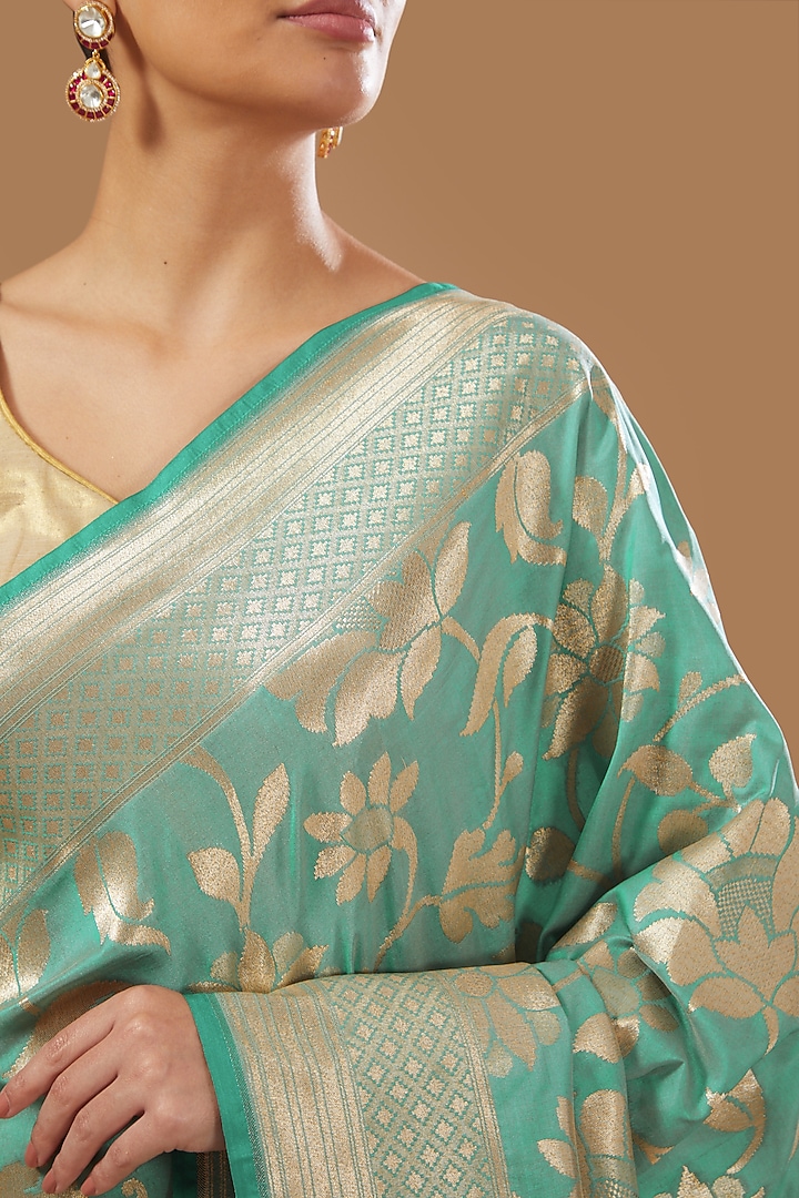 Sage Green Silk Banarasi Handloom Party Wear Saree Set by Zal From Benaras at Pernia's Pop Up Shop