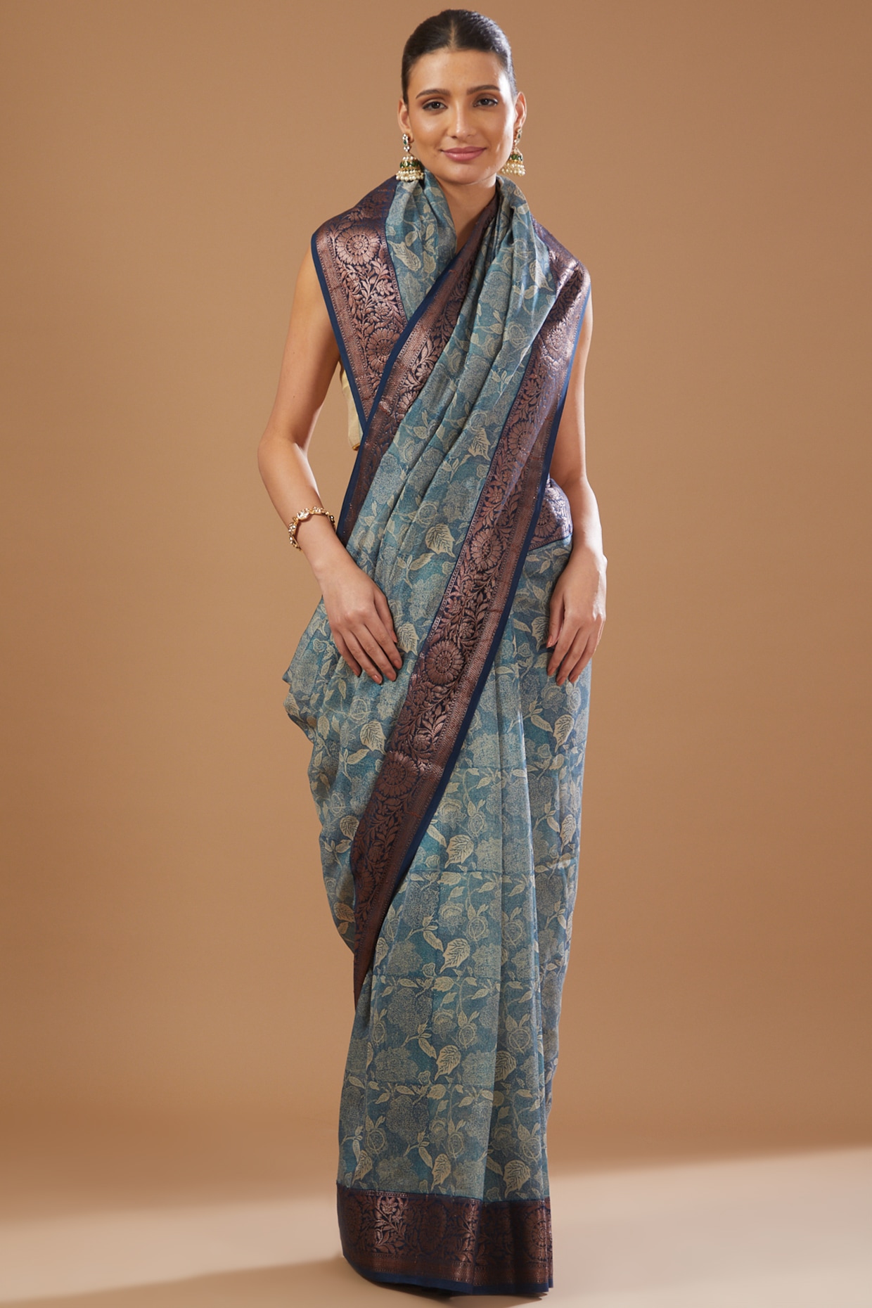 Floral Printed Banarasi Silk Linen Saree | Silver Woven Zari Border | –  kihums clothing