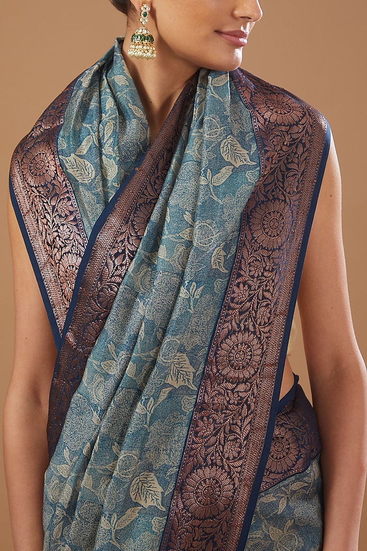 Blue Pure Silk Banarasi Handloom Festive Saree Set by Zal From Benaras at Pernia's Pop Up Shop