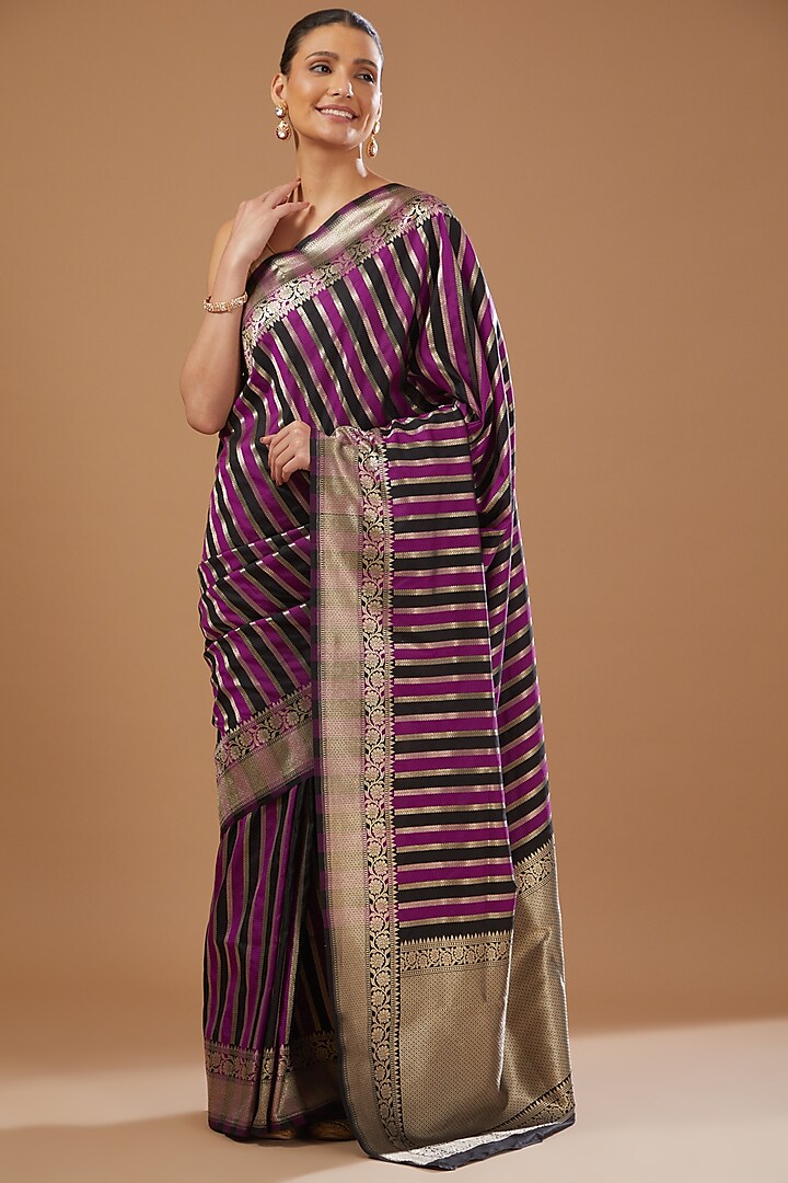 Purple Satin Silk Banarasi Handloom Saree Set by Zal From Benaras