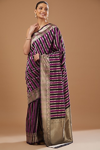 Purple Pure Soft Satin Silk Handloom Saree Set by Zal From Benaras