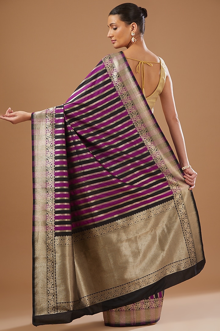 Purple Pure Soft Satin Silk Handloom Party Wear Saree Set by Zal From Benaras at Pernia's Pop Up Shop