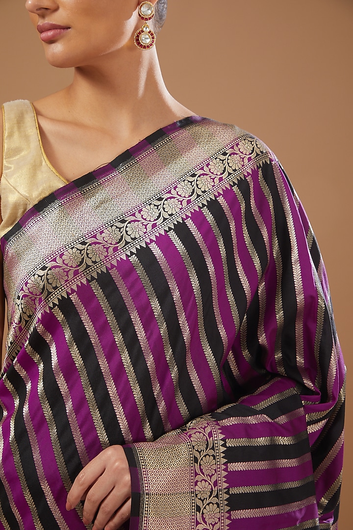 Purple Pure Soft Satin Silk Handloom Party Wear Saree Set by Zal From Benaras at Pernia's Pop Up Shop