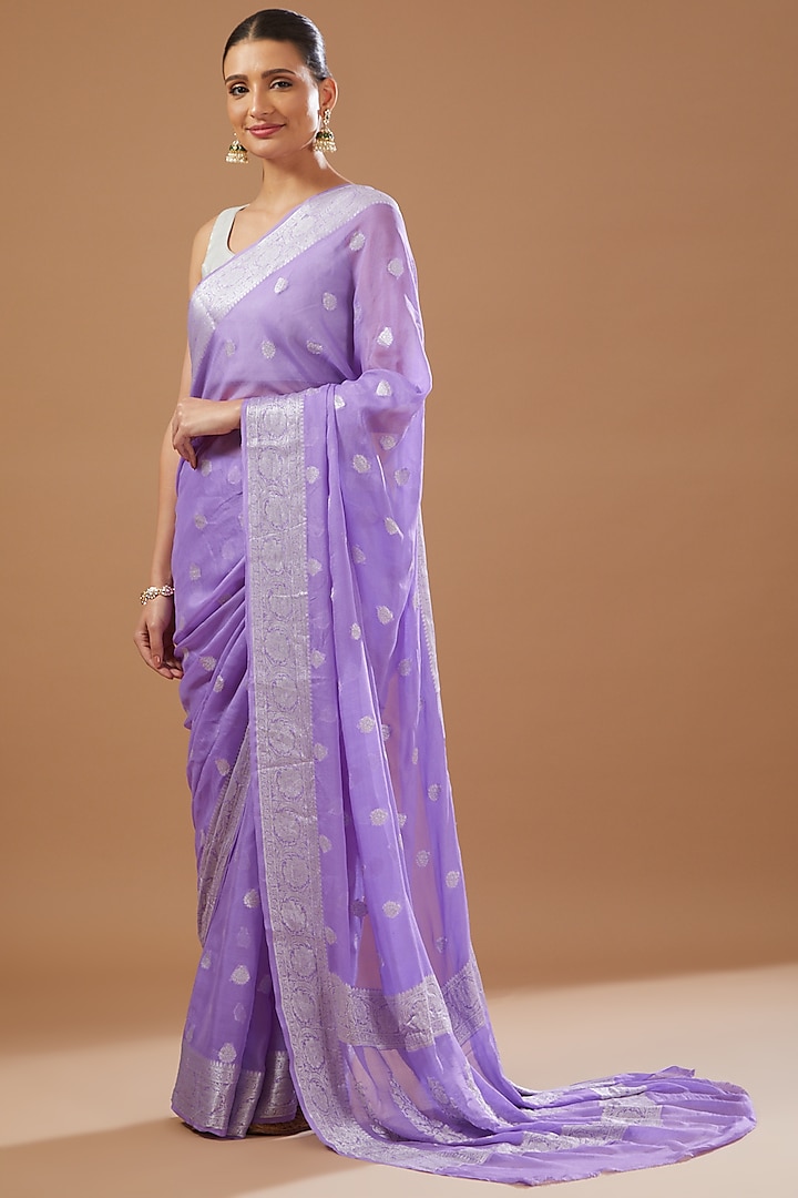 Lavender Chiffon Banarasi Handloom Saree Set by Zal From Benaras