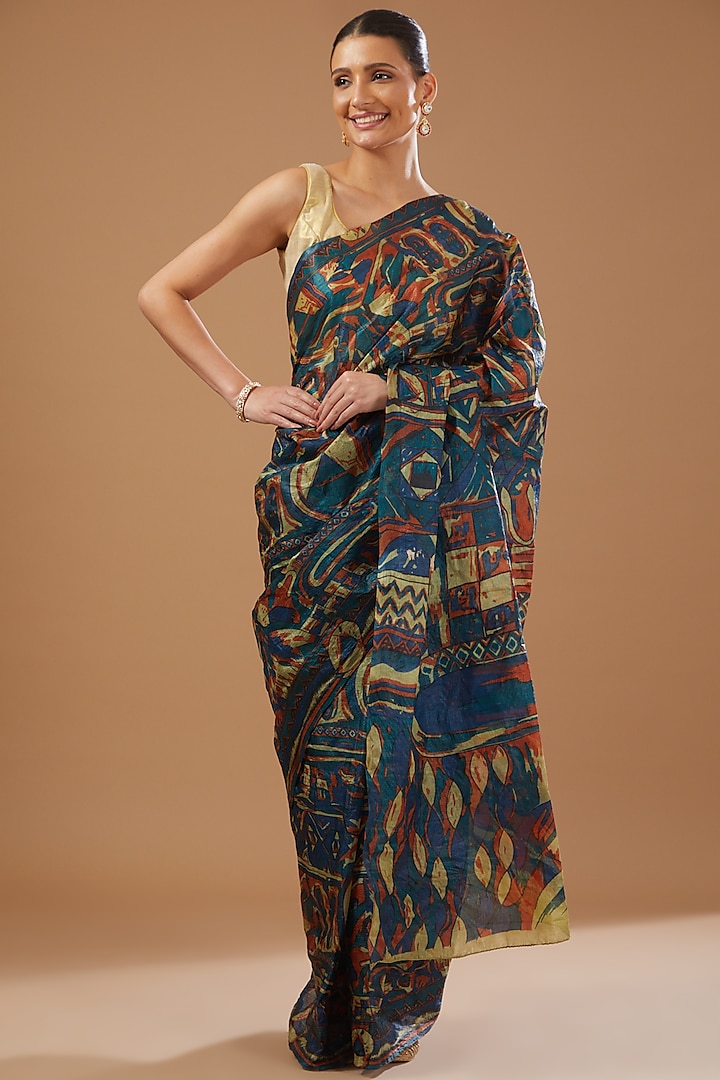 Blue Silk Banarasi Handloom Digital Printed Saree Set  by Zal From Benaras