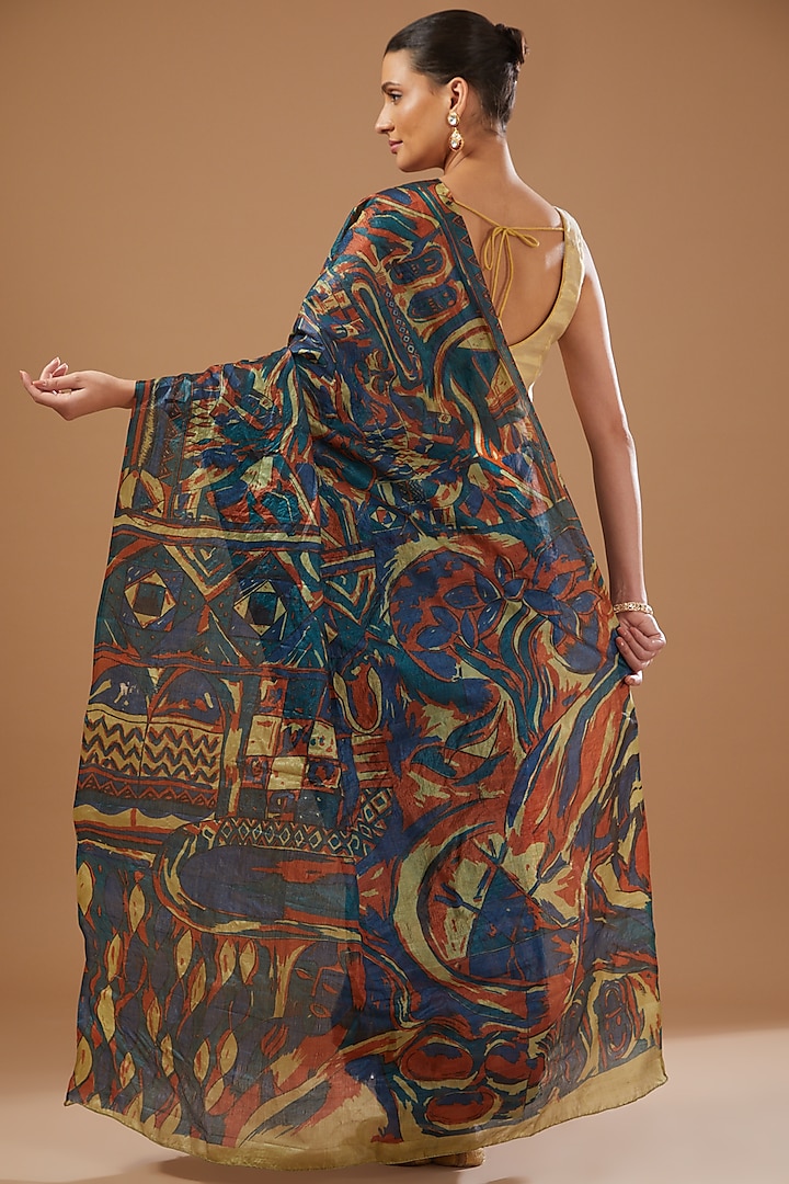 Blue Pure Silk Banarasi Handloom Digital Printed Party Wear Saree Set by Zal From Benaras at Pernia's Pop Up Shop