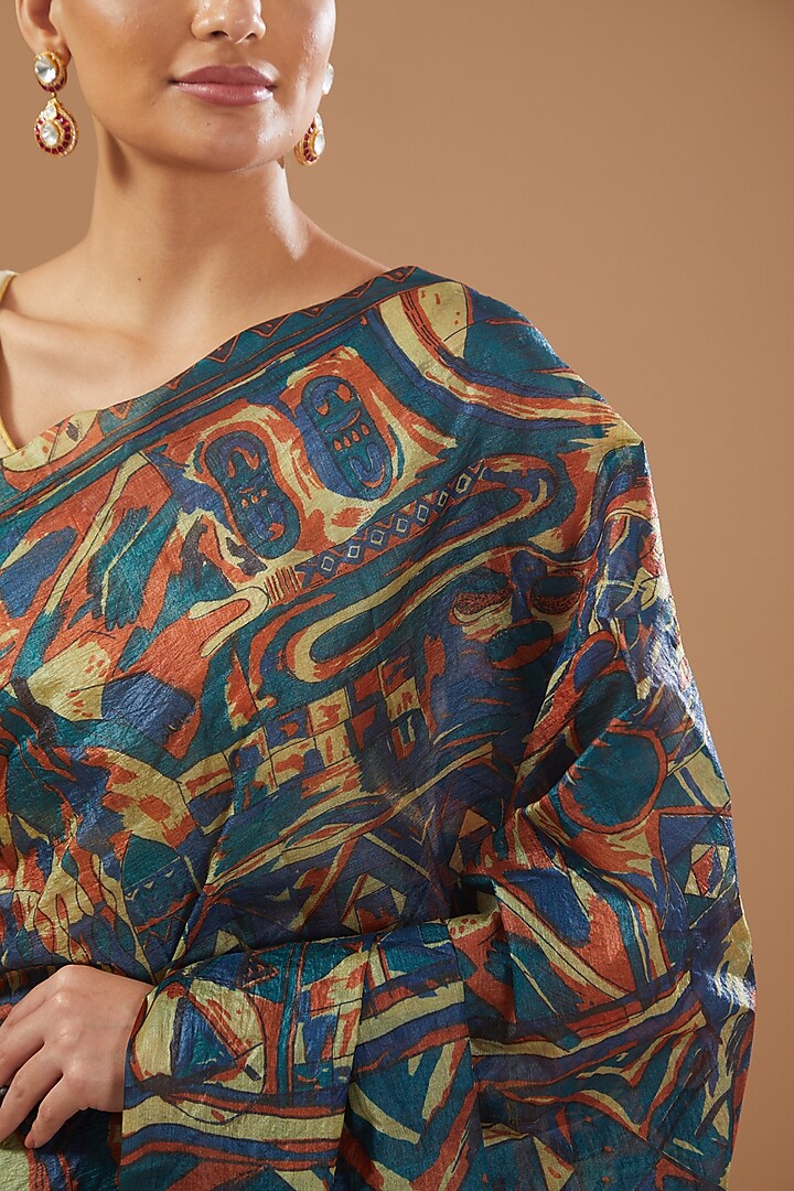 Blue Pure Silk Banarasi Handloom Digital Printed Party Wear Saree Set by Zal From Benaras at Pernia's Pop Up Shop