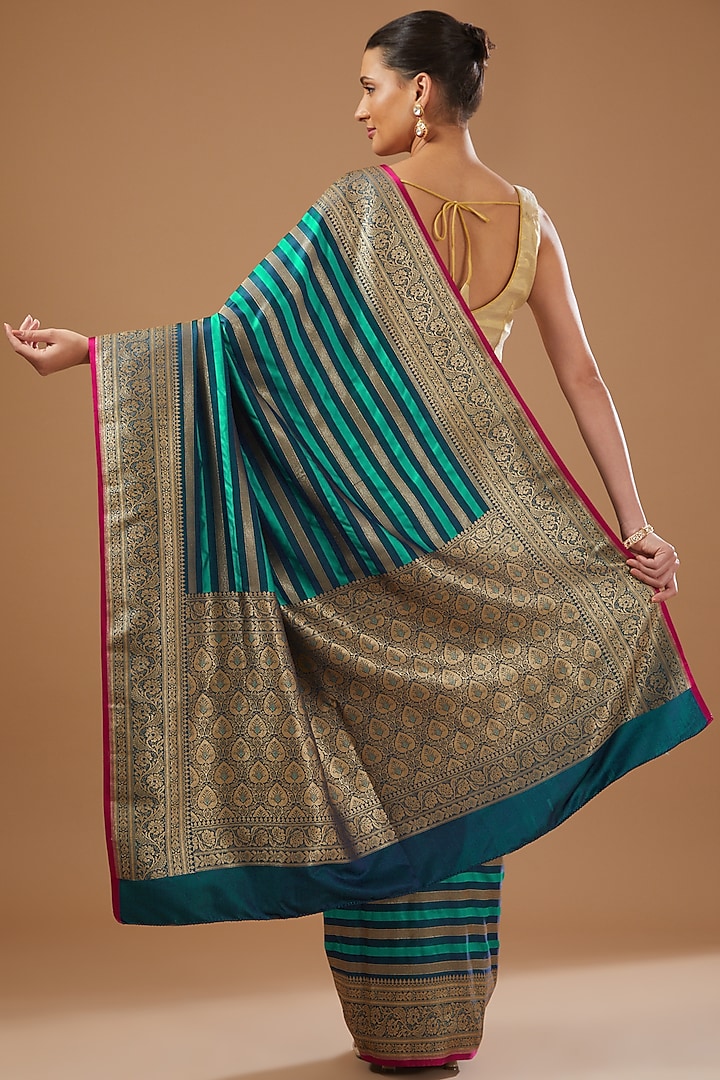 Blue Satin Silk Banarasi Handloom Party Wear Saree Set by Zal From Benaras at Pernia's Pop Up Shop