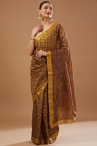 Yellow Pure Silk Banarasi Handloom Digital Printed Saree Set by Zal From Benaras
