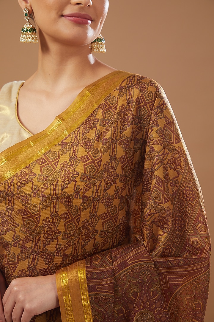 Yellow Pure Silk Banarasi Handloom Digital Printed Festive Saree Set by Zal From Benaras at Pernia's Pop Up Shop