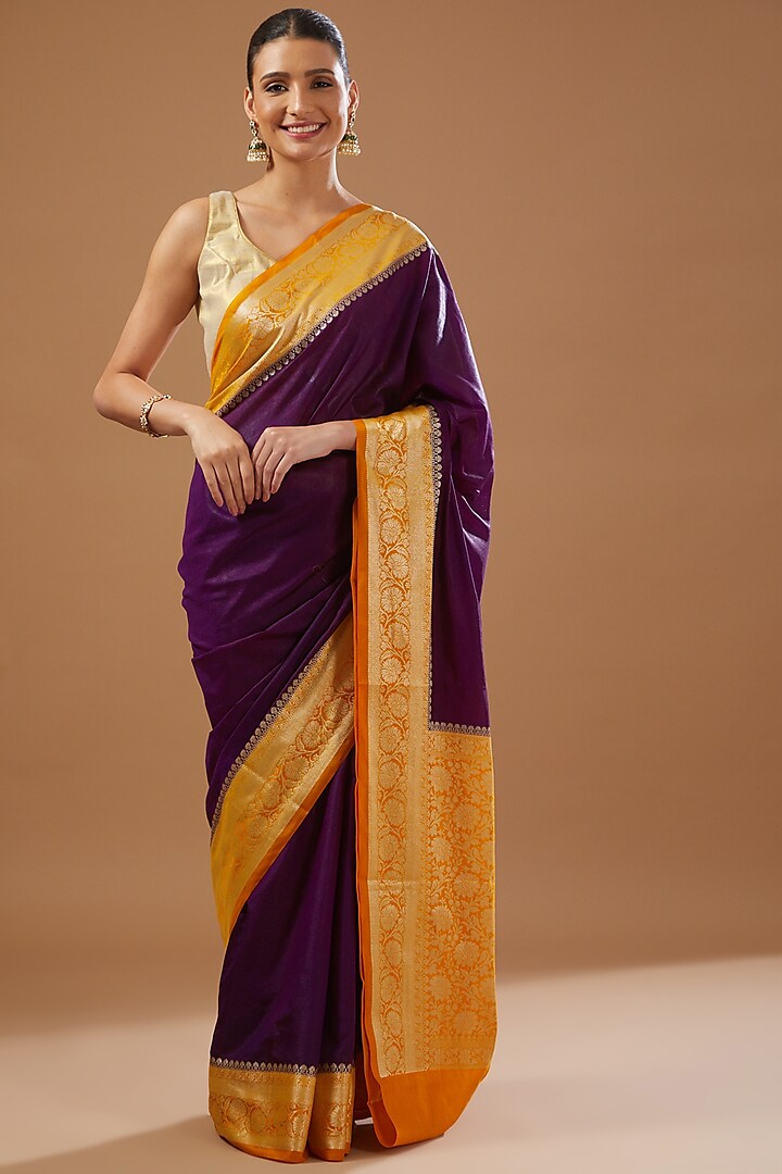 Purple & Yellow Silk Banarasi Handloom Saree Set by Zal From Benaras