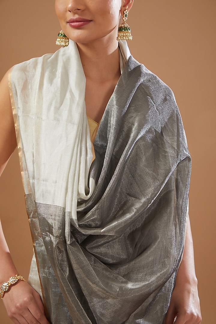 Silver Pure Chanderi Zari Handloom Party Wear Saree Set by Zal From Benaras at Pernia's Pop Up Shop