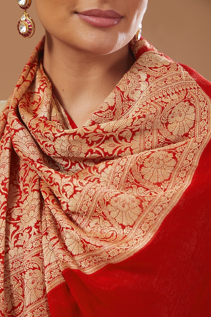 Red Chiffon Banarasi Handloom Party Wear Saree Set by Zal From Benaras at Pernia's Pop Up Shop