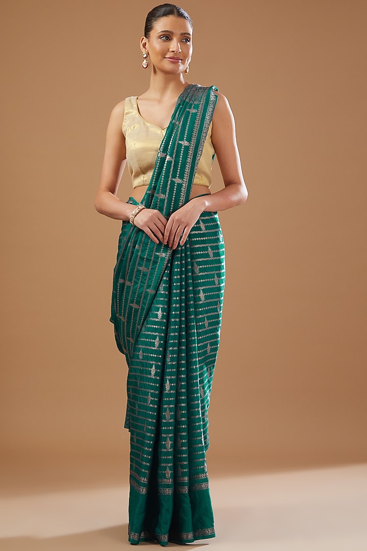 Teal Blue Chiffon Banarasi Handloom Festive Saree Set by Zal From Benaras at Pernia's Pop Up Shop