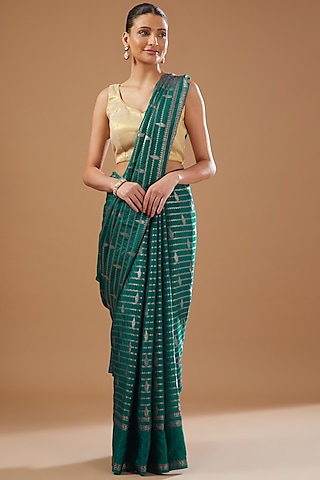 Teal Blue Chiffon Banarasi Handloom Saree Set by Zal From Benaras
