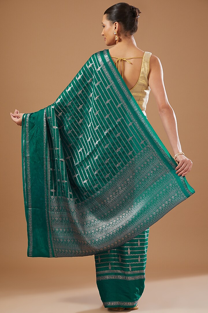 Teal Blue Chiffon Banarasi Handloom Festive Saree Set by Zal From Benaras at Pernia's Pop Up Shop