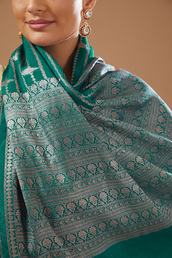Teal Blue Chiffon Banarasi Handloom Festive Saree Set by Zal From Benaras at Pernia's Pop Up Shop