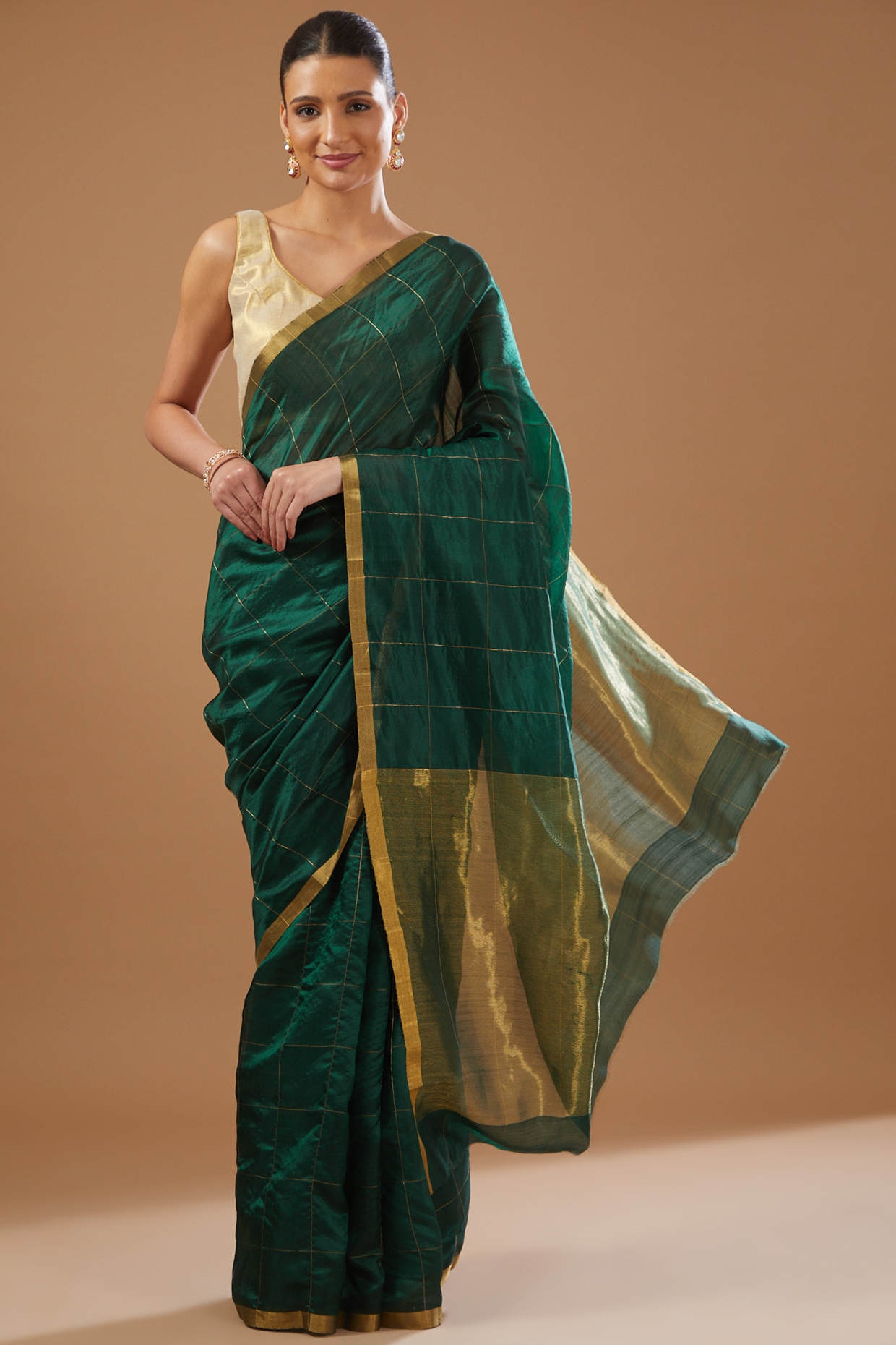 Light Green Handloom Tissue Silk Saree With Red Blouse | Kolour