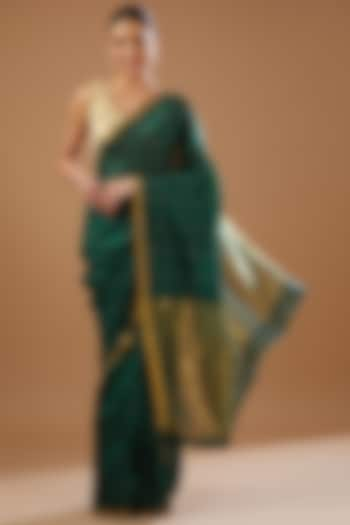 Bottle Green Pure Chanderi Handloom Saree Set by Zal From Benaras at Pernia's Pop Up Shop