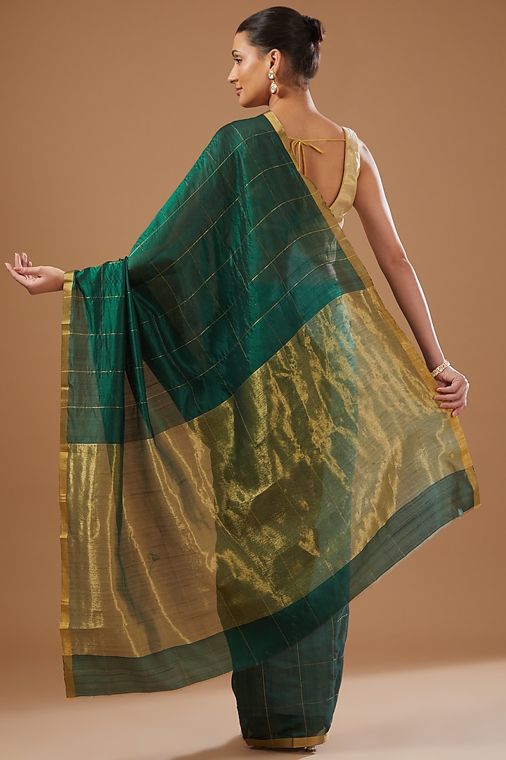 Bottle Green Pure Chanderi Handloom Party Wear Saree Set by Zal From Benaras at Pernia's Pop Up Shop