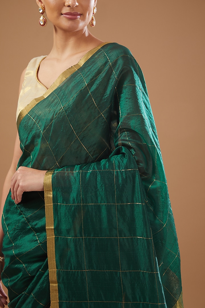 Bottle Green Pure Chanderi Handloom Party Wear Saree Set by Zal From Benaras at Pernia's Pop Up Shop