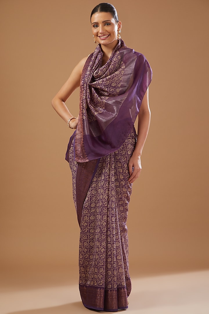 Purple Silk Banarasi Handloom Digital Printed Saree Set  by Zal From Benaras