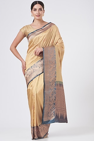 Beige & Blue Katan Silk Saree Set by Zal From Benaras