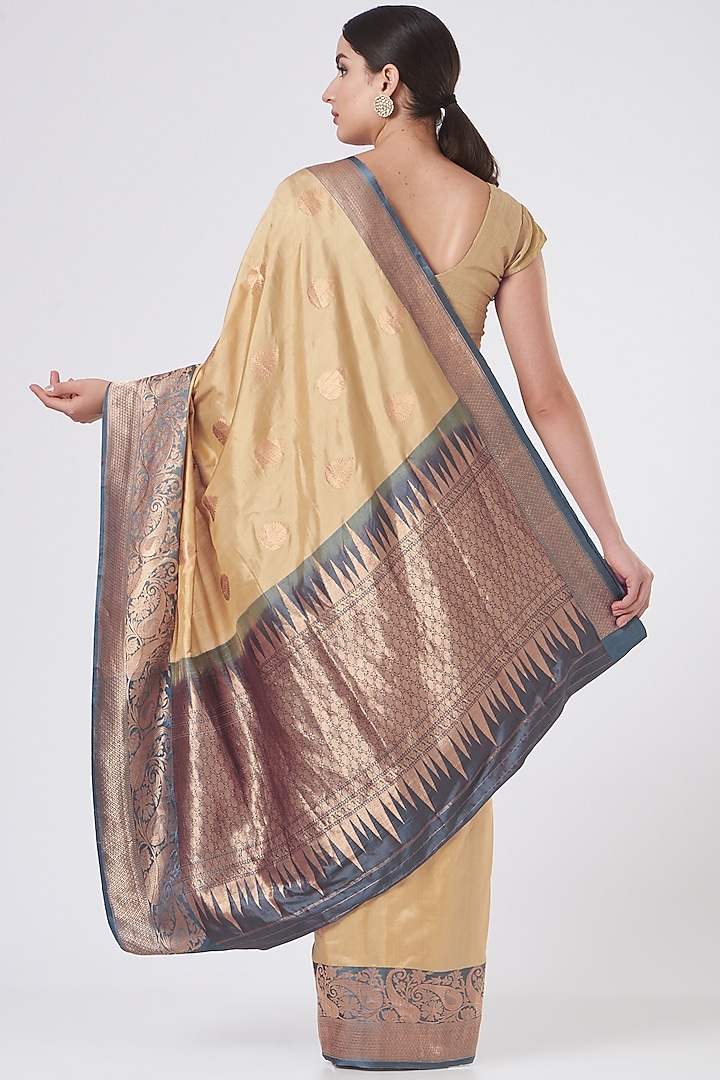 Beige & Blue Katan Silk Wedding Saree Set by Zal From Benaras at Pernia's Pop Up Shop