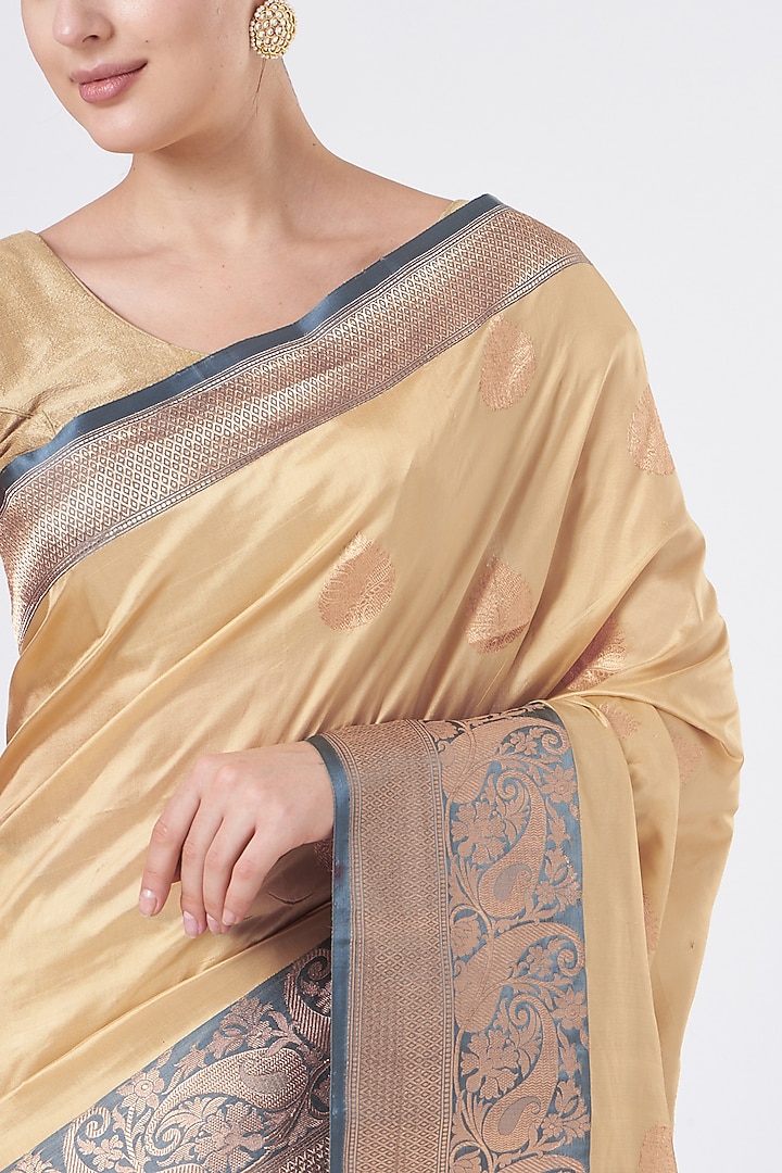 Beige & Blue Katan Silk Wedding Saree Set by Zal From Benaras at Pernia's Pop Up Shop