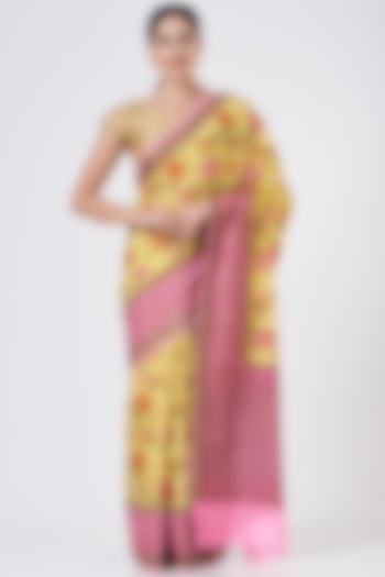 Yellow & Pink Satin Silk Saree Set by Zal From Benaras
